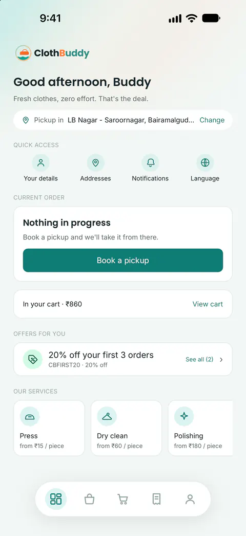 ClothBuddy app home screen with a book-a-pickup button and services from ₹15 per piece