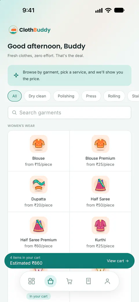 Choosing garments in the ClothBuddy app catalog, by category and service