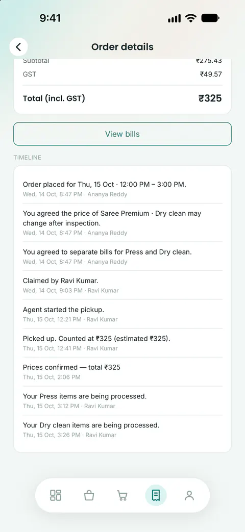 Order timeline in the ClothBuddy app, from pickup to doorstep delivery